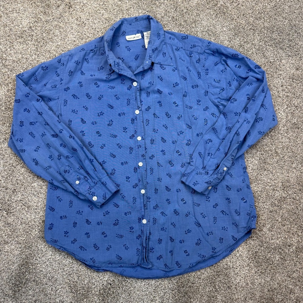 White Stag Blue Floral Leaf Print Button Down Shirt Cotton Long Sleeve Womens L